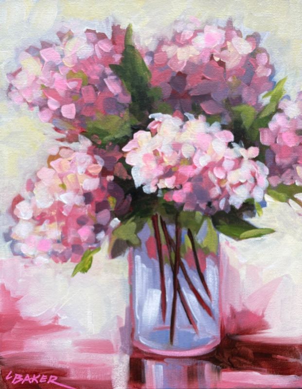 Louise Baker Artist Painter Handworks Gallery Saint John New Brunswick NB Acrylic Painting Hydrangea Flower Floral Vase Pink 
