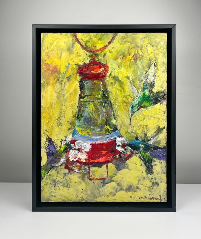 Colleen Underwood Artist Painter Handworks Gallery Saint John New Brunswick Encaustic Painting Hummingbird Bird Red Feeder