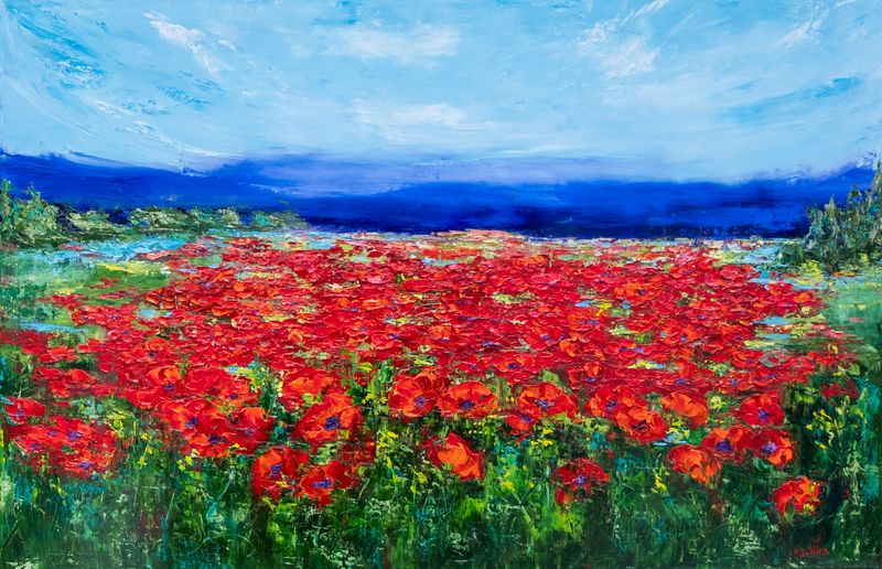 Rene Collins Artist Painter Handworks Gallery Saint John NB Oil Knife Painting Flowers Floral Red Poppies Poppy Field Garden 
