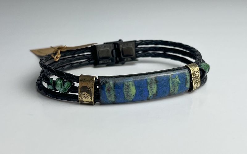 Leather Bracelet made with Fused Glass &amp; Mixed Metals