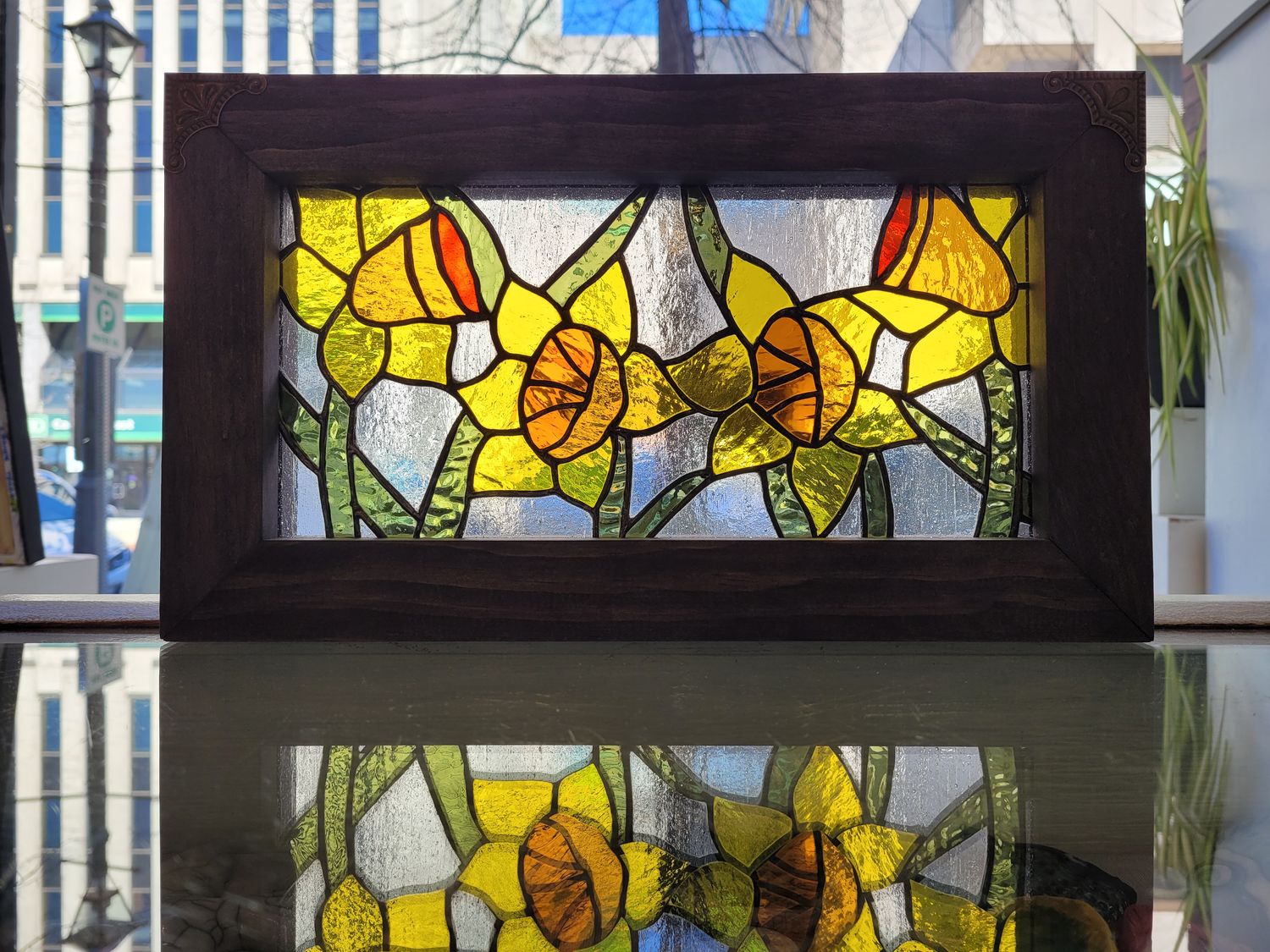 Denis Eve Saint John New Brunswick Canada Handworks Gallery Canadian Stained Glass Artist 
Floral Flowers Framed Daffodils