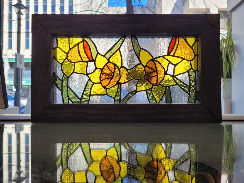 Denis Eve Saint John New Brunswick Canada Handworks Gallery Canadian Stained Glass Artist 
Floral Flowers Framed Daffodils