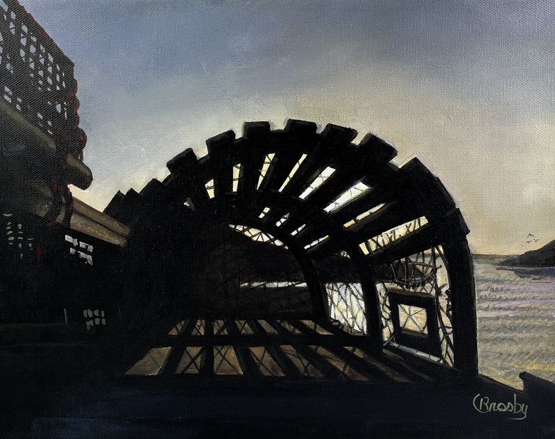 Robert Crosby Artist Painter Handworks Gallery Saint John New Brunswick Acrylic Painting Sunset Lobster Trap Dock Maritimes 