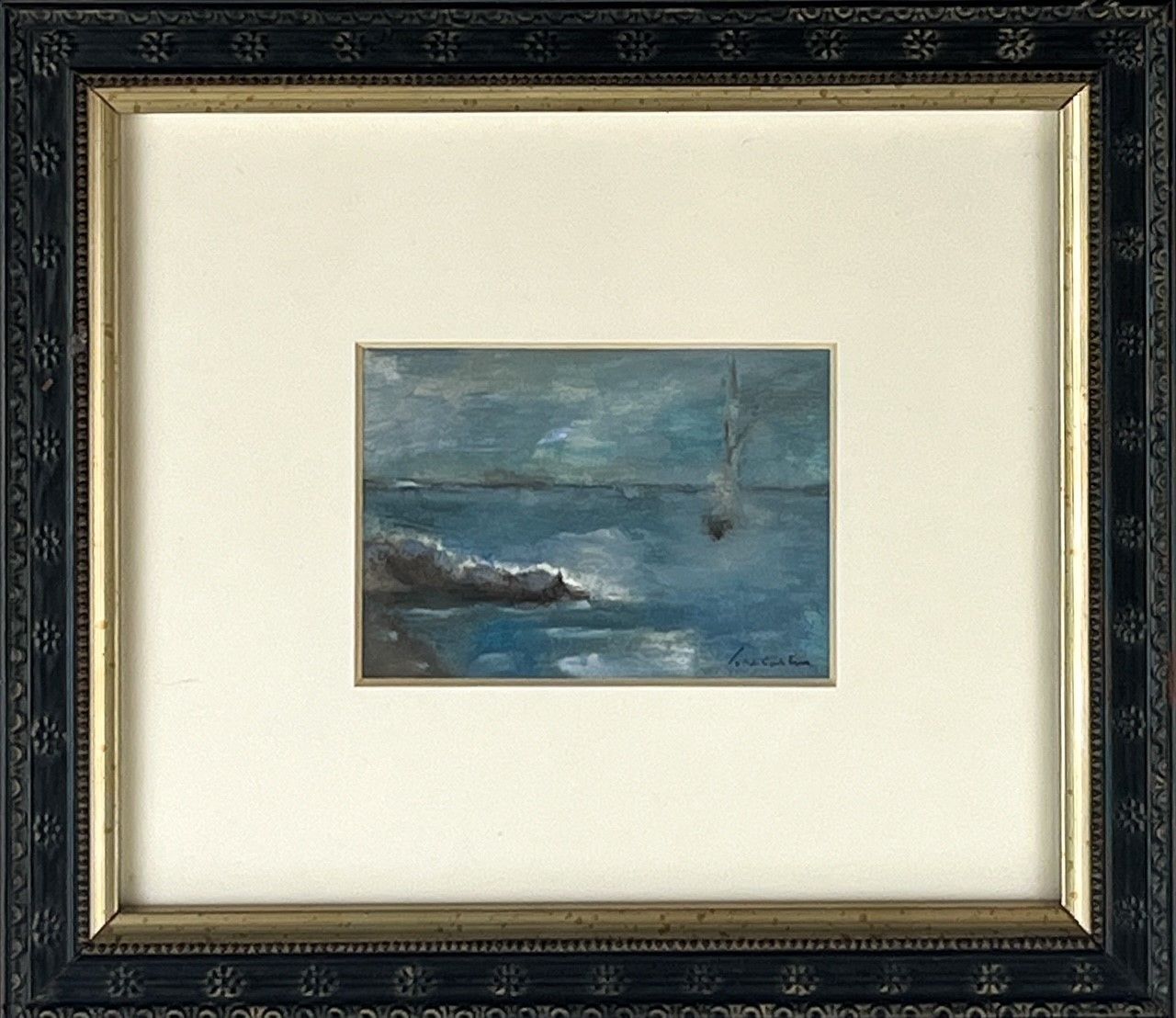 Pat Trecartin Artist Painter Handworks Gallery Saint John New Brunswick Framed Oil Pastel Painting Seascape Ocean Sea Night