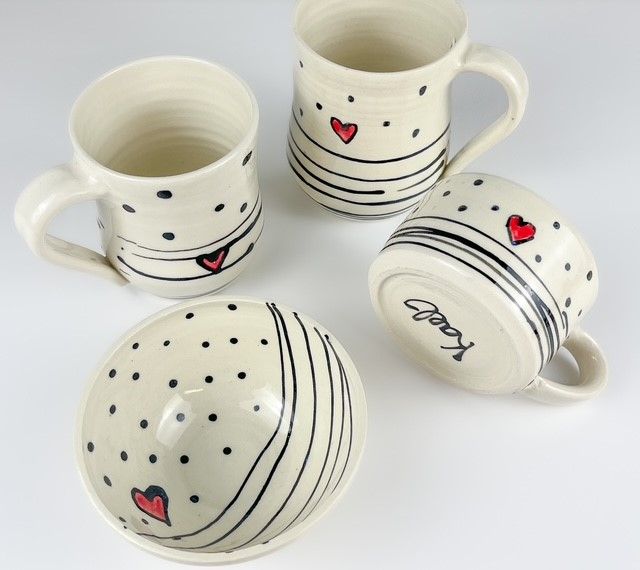 Heart White & Black Polka Dot with Lines Pottery Collection