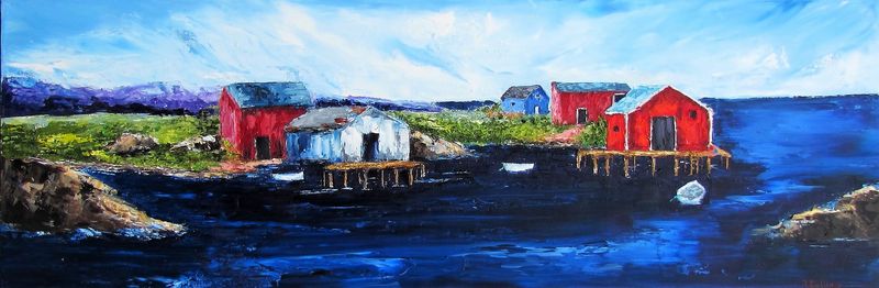 Rene Collins Artist Painter Handworks Gallery Saint John New Brunswick NB Oil Knife Painting Seascape Village Boathouse Dock