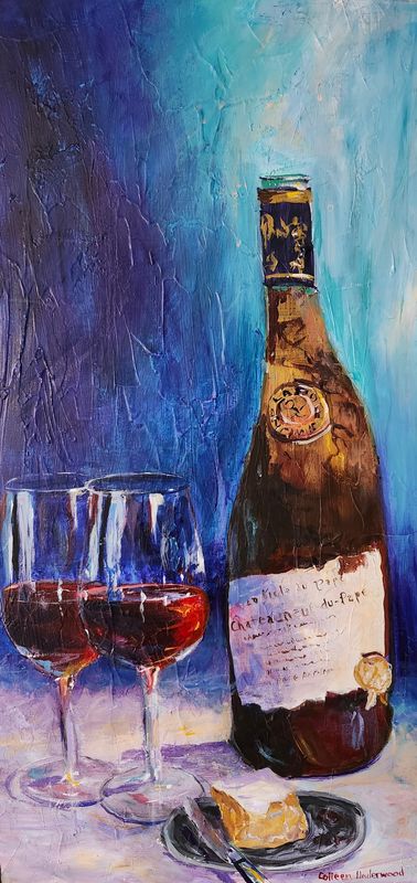 Colleen Underwood Artist Painter Handworks Gallery Saint John New Brunswick Oil Painting Vintage Wine Bottle Glasses Blue
