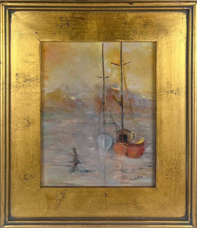 Pat Trecartin Artist Painter Handworks Gallery Saint John New Brunswick Framed Oil Painting Sailboats Sailing Sunset Dusk