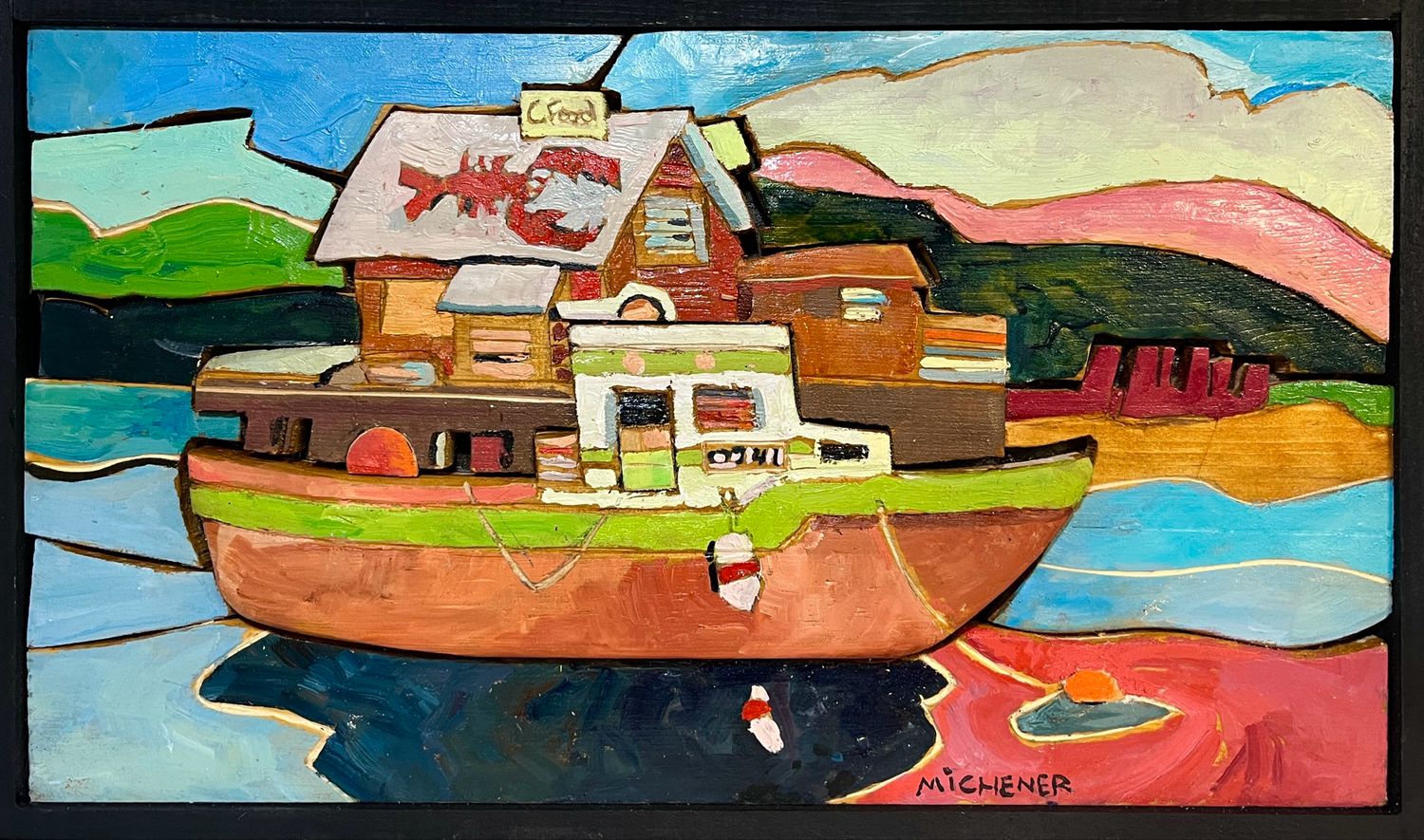 Ted Michener Artist Painter Handworks Gallery Saint John New Brunswick NB Oil Painted Wood Relief Fishing Boat Dock Wharf 