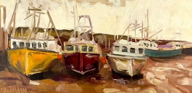 Sophie Levesque Artist Painter Handworks Gallery Saint John New Brunswick Oil Painting Alma NB Fishing Boats Wharf Dock 