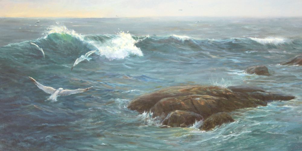 Dale Cook Artist Painter Handworks Gallery Saint John New Brunswick NB Oil Painting Seascape Waves Rocks Seagulls Ocean Storm