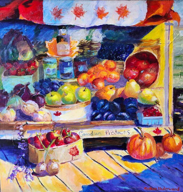 Colleen Underwood Artist Painter Handworks Gallery Saint John NB Acrylic Painting Fruit Vegetable Stand Store Pumpkin Apple