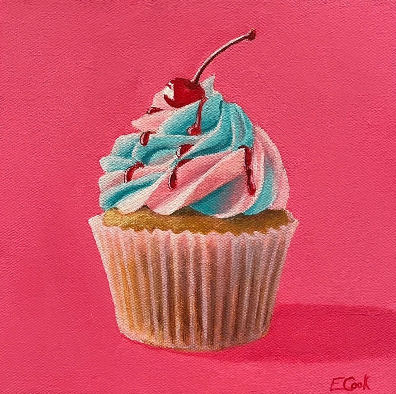Elizabeth Cook Artist Painter Handworks Gallery Saint John New Brunswick NB  Acrylic Painting Cupcake Pink Blue Icing Cherry