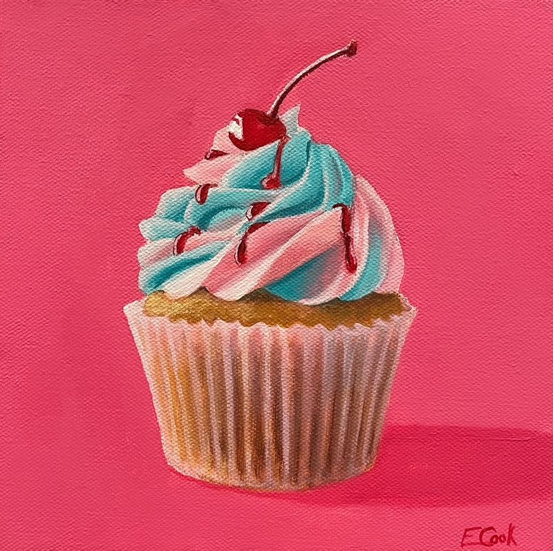 Elizabeth Cook Artist Painter Handworks Gallery Saint John New Brunswick NB Acrylic Painting Cupcake Pink Blue Icing Cherry