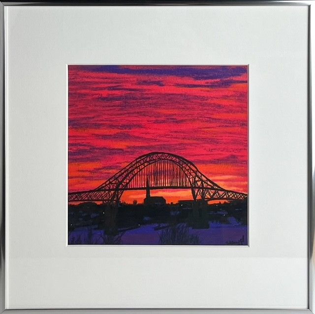 Adam Gavel Artist Painter Handworks Gallery Saint John New Brunswick Framed Oil Pastel Sunrise Miramichi River Bridge Town