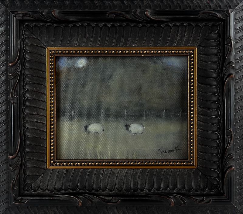 Pat Trecartin Artist Painter Handworks Gallery Saint John New Brunswick Framed Oil Painting Sheep Moonlight Moon Night Farm