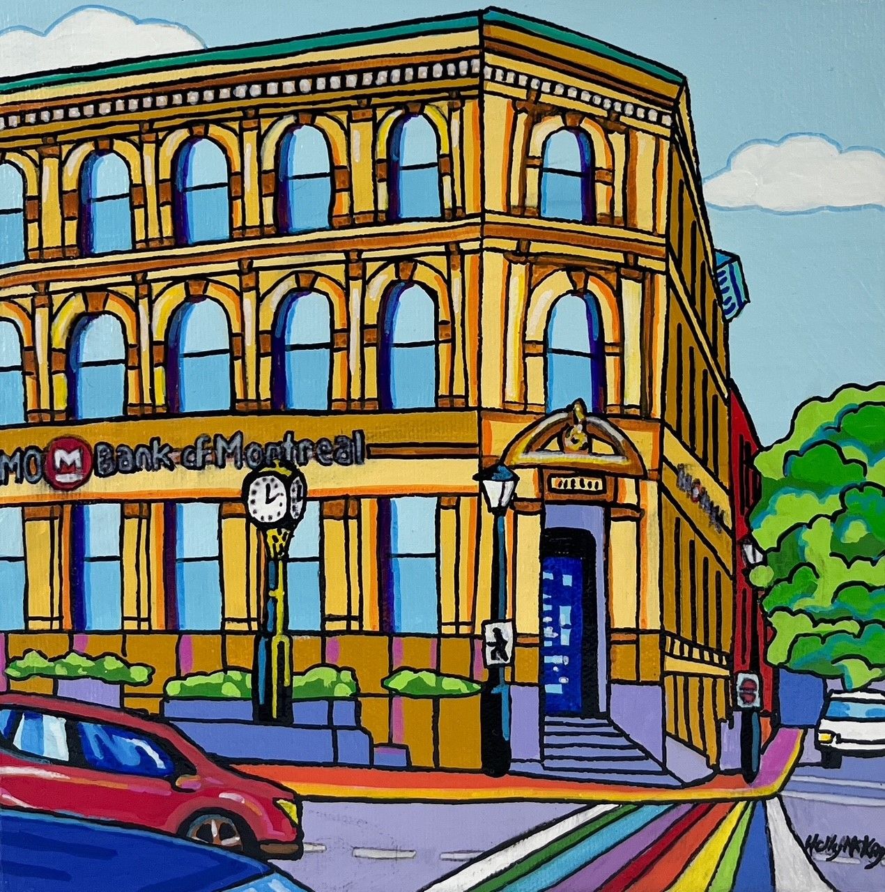 Holly McKay Artist Painter Handworks Gallery Saint John New Brunswick Acrylic Painting Whimsical Cityscape Bank Montreal King