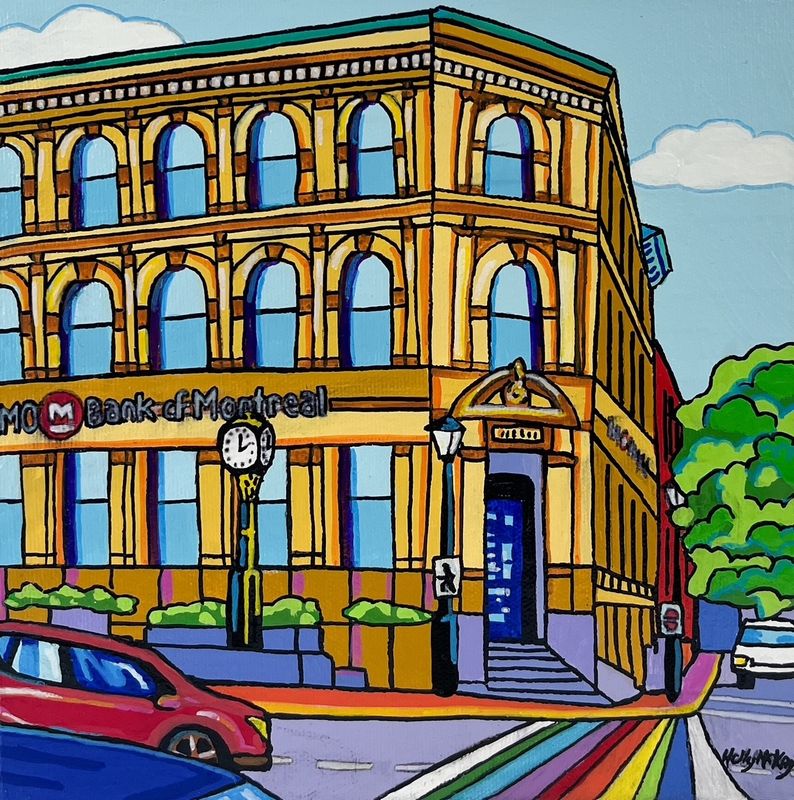 Holly McKay Artist Painter Handworks Gallery Saint John New Brunswick Acrylic Painting Whimsical Cityscape Bank Montreal King