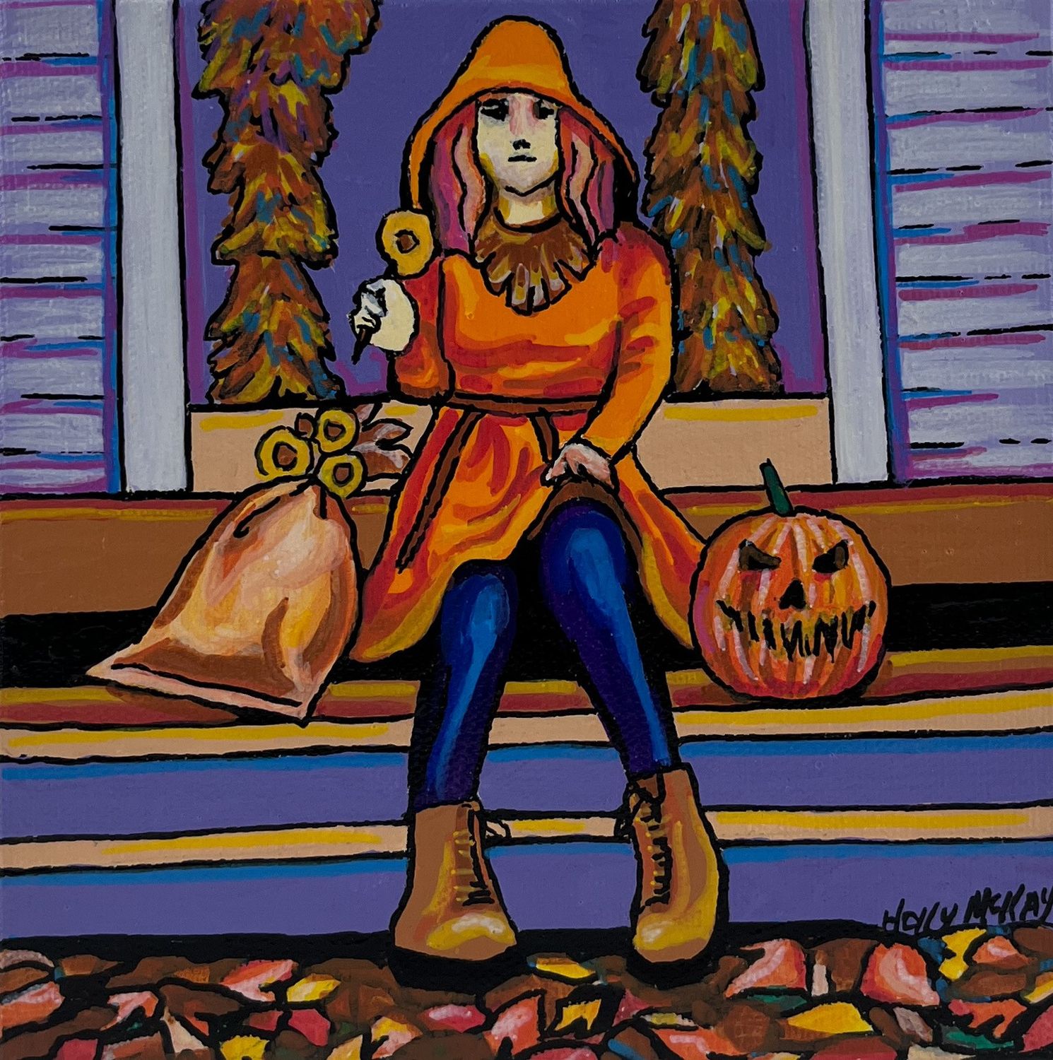 Holly McKay Artist Painter Handworks Gallery Saint John NB Acrylic Painting Whimsical Trick or Treat Halloween Pumpkin 