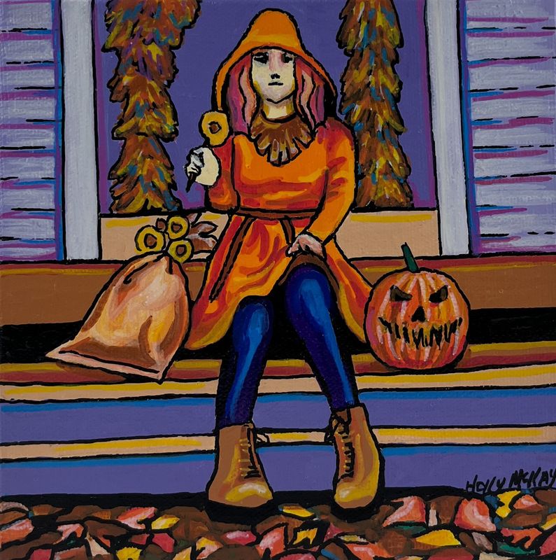 Holly McKay Artist Painter Handworks Gallery Saint John NB Acrylic Painting Whimsical Trick or Treat Halloween Pumpkin 
