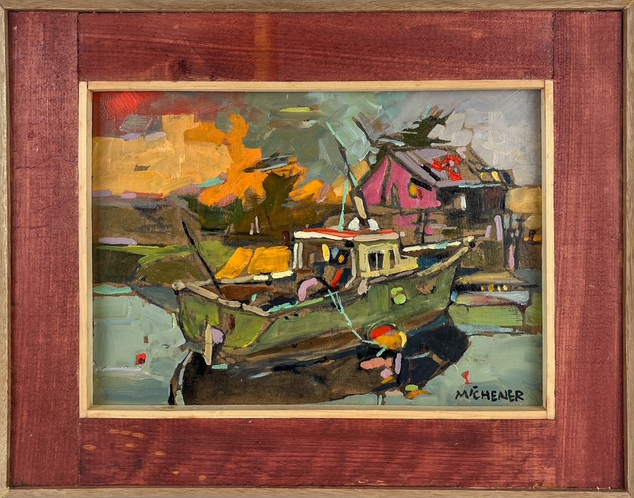 Ted Michener Artist Painter Handworks Gallery Saint John New Brunswick NB Framed Oil Painting Green Fishing Boat Dock Wharf 