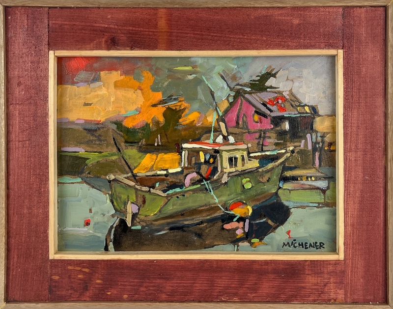 Ted Michener Artist Painter Handworks Gallery Saint John New Brunswick NB Framed Oil Painting Green Fishing Boat Dock Wharf 