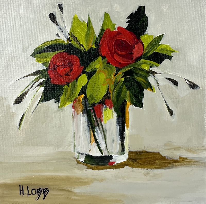 Helga Lobb Artist Painter Handworks Gallery Saint John New Brunswick Acrylic Painting Flowers Floral Red Roses Vase Bouquet