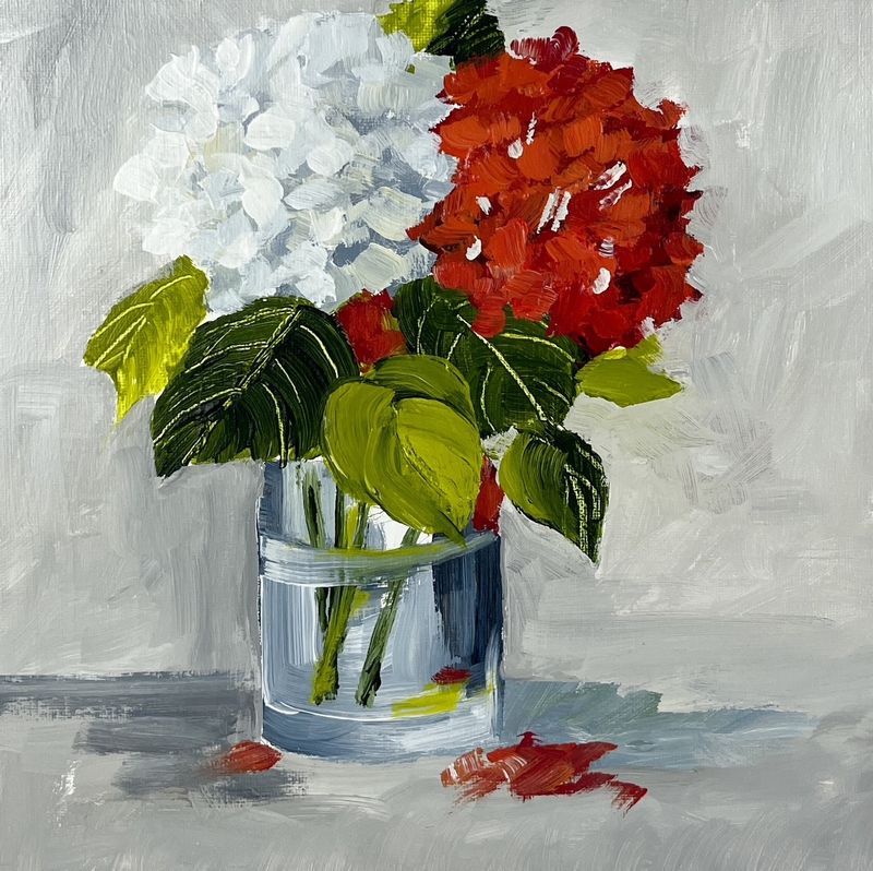 Helga Lobb Artist Painter Handworks Gallery Saint John New Brunswick Acrylic Painting Flowers Floral Red White Hydrangea