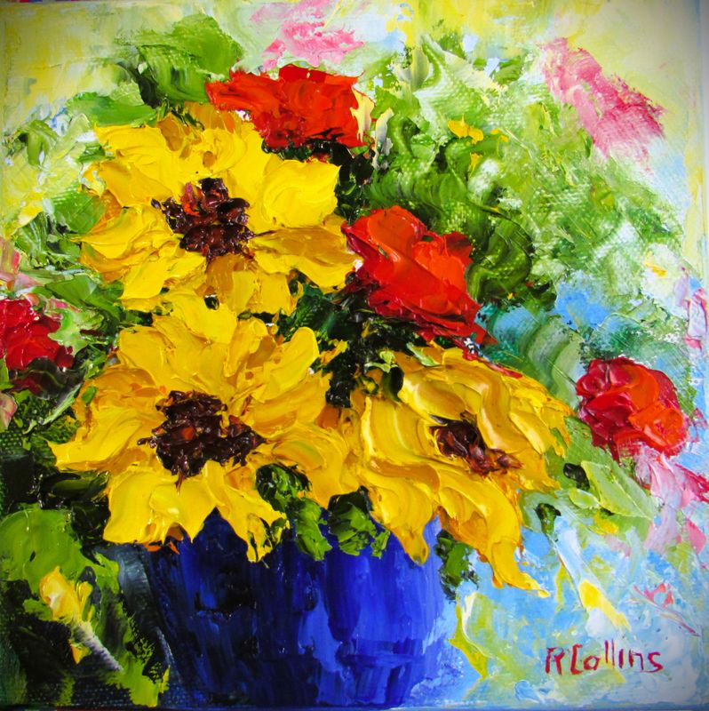 Rene Collins Artist Painter Handworks Gallery Saint John New Brunswick NB Oil Knife Painting Flowers Floral Yellow Sunflowers