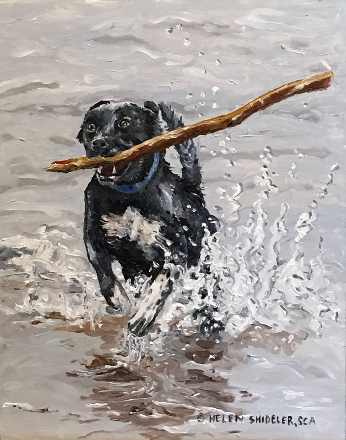 Helen Shideler Artist Painter Handworks Gallery Saint John New Brunswick Oil Painting Dog Black Retriever Stick Water Beach