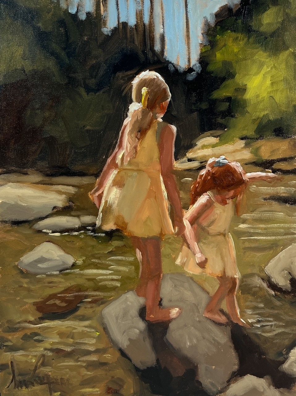 Sophie Levesque Artist Painter Handworks Gallery Saint John New Brunswick NB Oil Painting Girls in Stream Nature River Water 