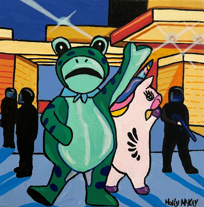 Holly McKay Artist Painter Handworks Gallery Saint John NB Acrylic Painting Whimsical Antifascist Antifa Frog Protest Mascot