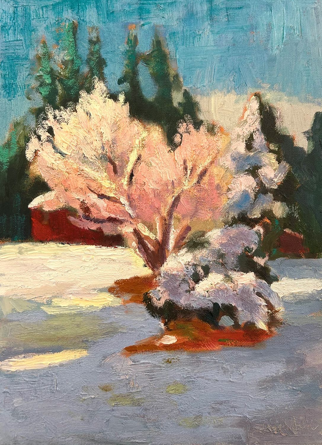 Pink Blossom Tree in Winter Landscape by Artist Francine Martin 
