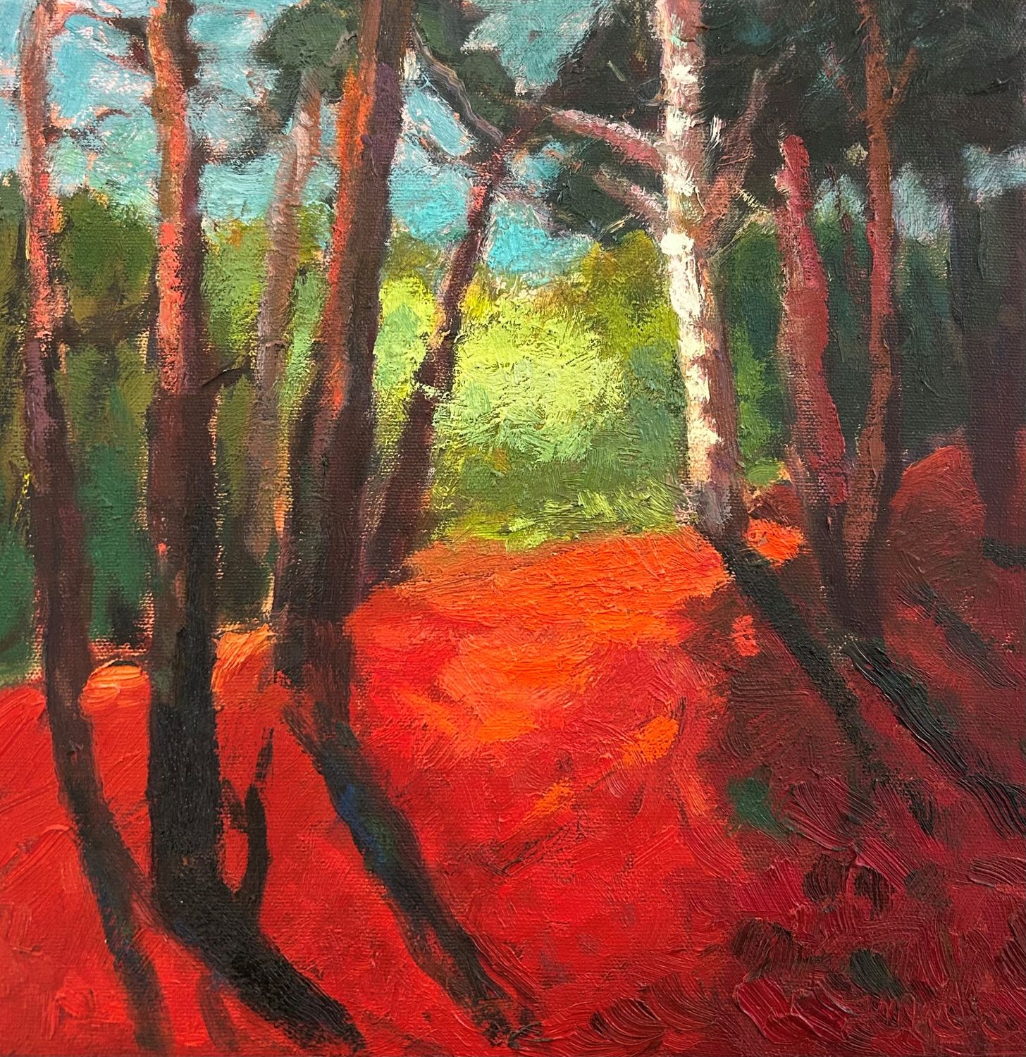 Forest Landscape Featuring Vibrant Orange, Green and Blue Colours. By New Brunswick Artist Francine Martin 