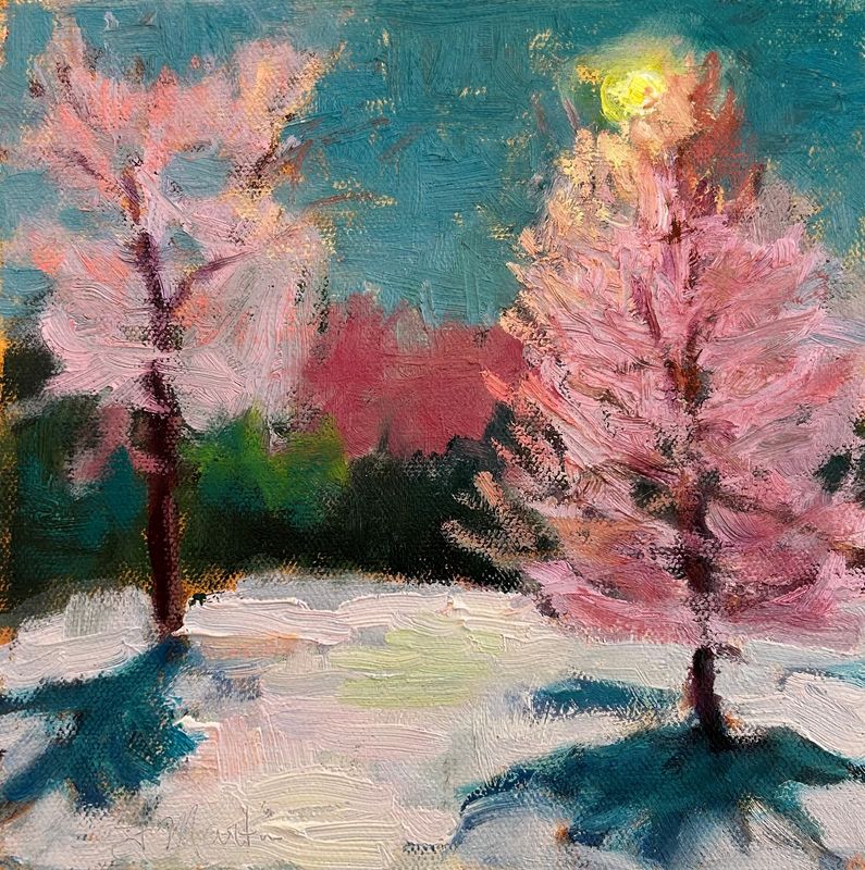 Pink Blossom Trees in Winter, Landscape by Francine Martin