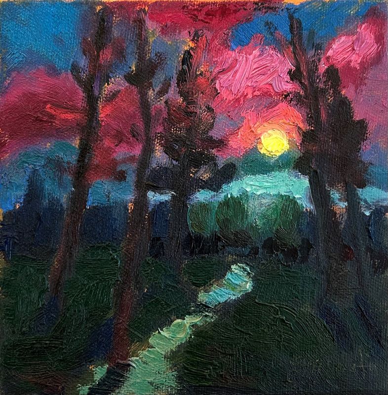 Moonlit walk with pink and blue skies Landscape by Francine Martin