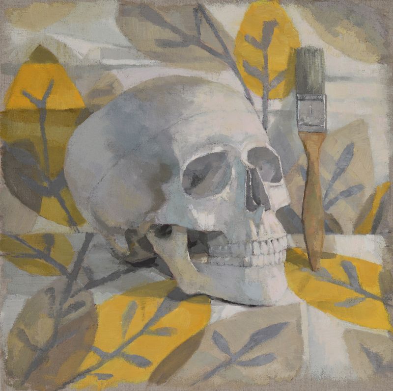 Theresa MacKnight Artist Painter Handworks Gallery Saint John New Brunswick NB Oil Painting Skull Yellow Leaves Paint Brush