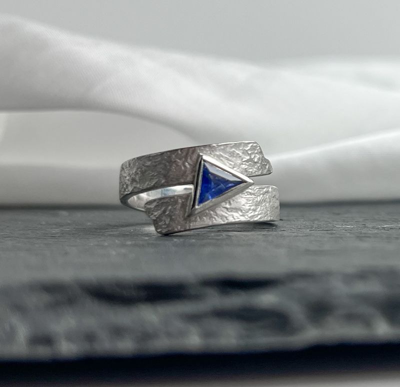 Spiral Ring with Blue Triangular Sapphire Sterling Silver, Size 6.75