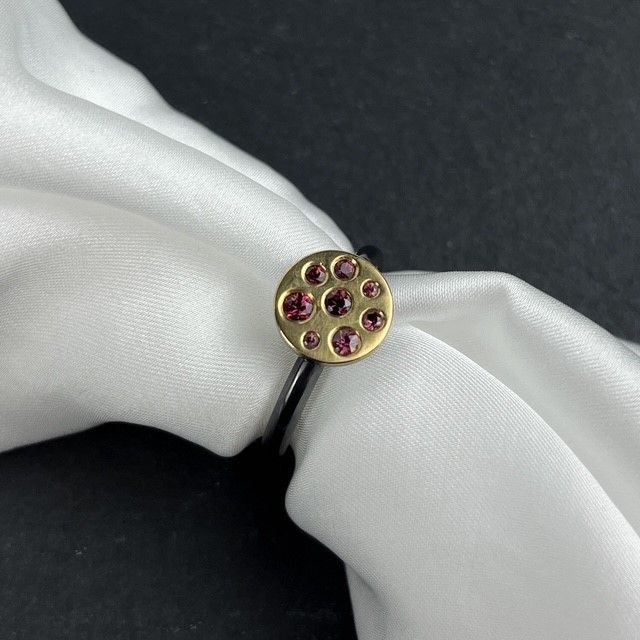 Large Oxidized Ring with 18K Gold Top Set with 8 Berry Sapphires of Varying Sizes, Size 7.5