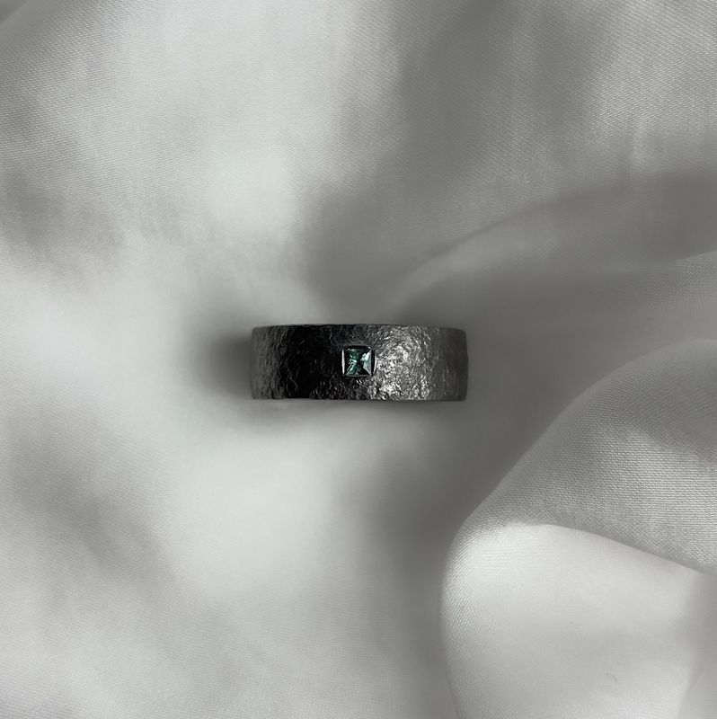 Tantalum Rust Textured 8mm Band, Set with 2.75mm Princess Cut Teal Sapphire Size 9.5+