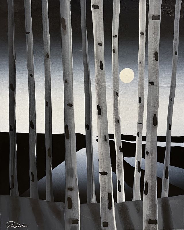Cody Pendleton Artist Painter Handworks Gallery Saint John New Brunswick Acrylic Painting Birch Trees Moon Landscape Night