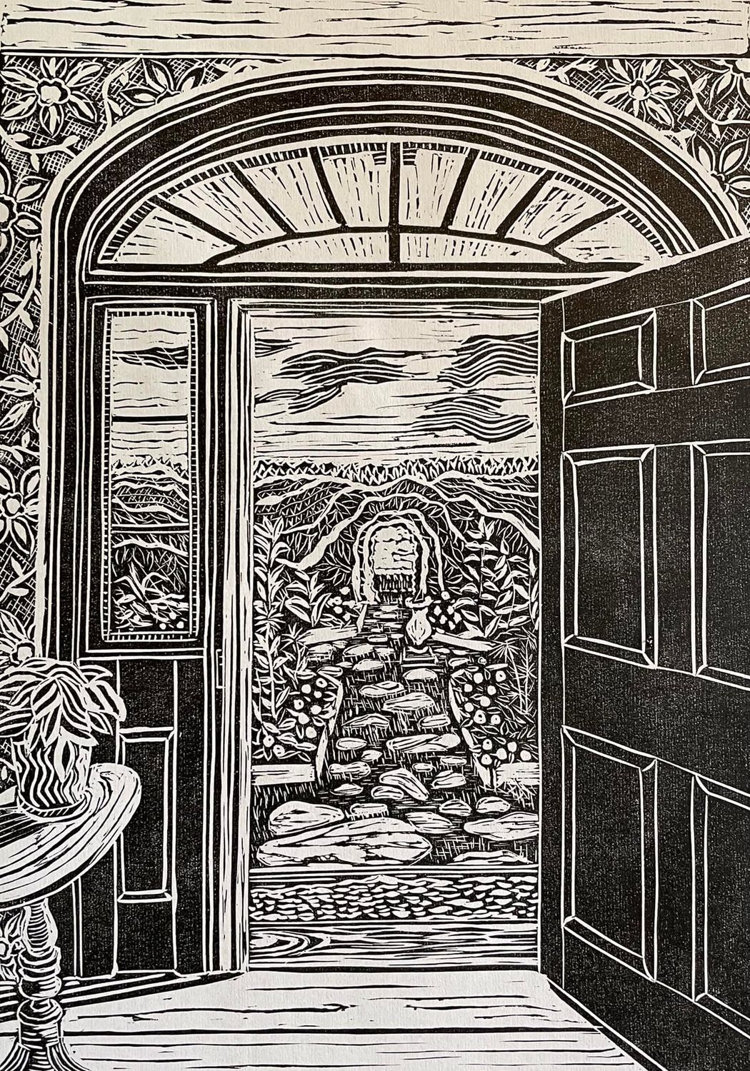 Suzan Carsley Artist Handworks Gallery Saint John New Brunswick Matted Linocut Cotton Magnani Pescia Paper Doorway Garden 
