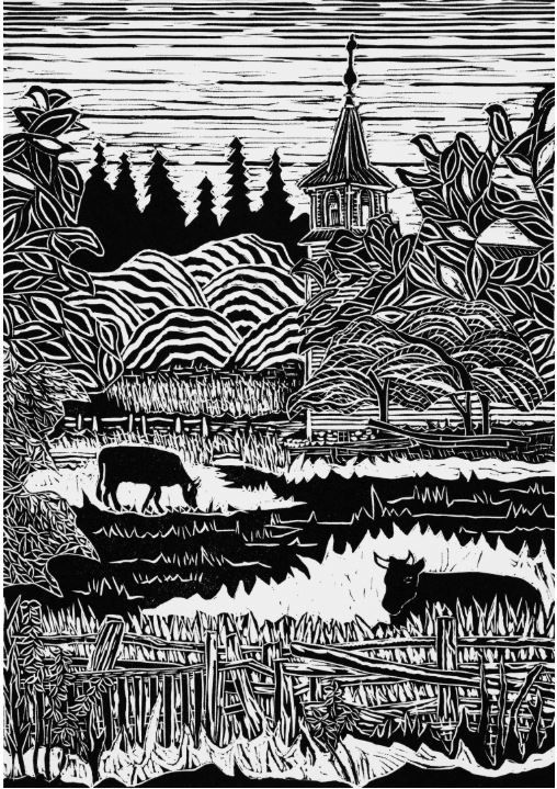 Suzan Carsley Artist Handworks Gallery Saint John New Brunswick Matted Linocut Cotton Magnani Pescia Paper Cow Grazing Field