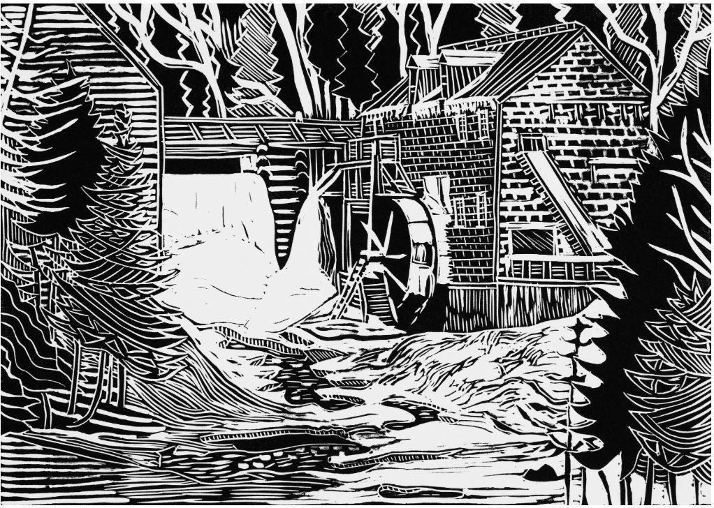 Suzan Carsley Artist Handworks Gallery Saint John New Brunswick Matted Linocut Cotton Magnani Pescia Paper Watermill River