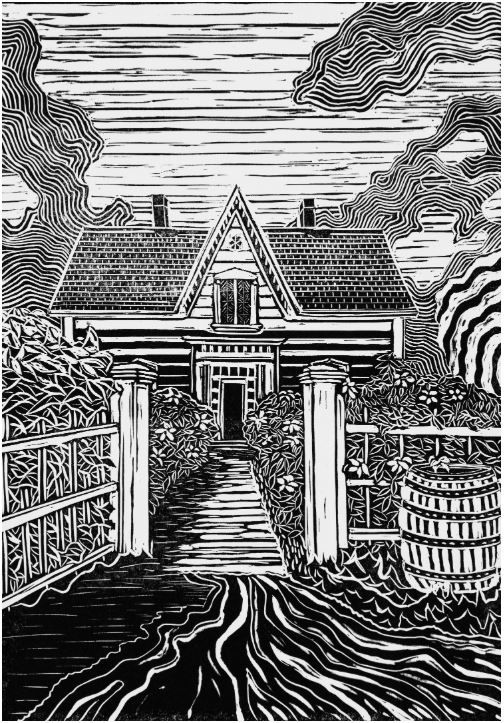 Suzan Carsley Artist Handworks Gallery Saint John New Brunswick Matted Linocut Cotton Magnani Pescia Paper Garden Gate House