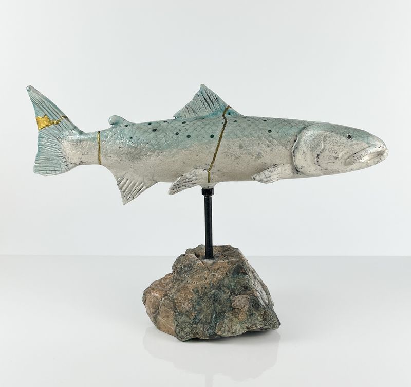 Blue/Turquoise kintsugi Fish Pottery Sculpture with Bae of Fundy Stone base by Canadian Artist Monique Bujold Brown 