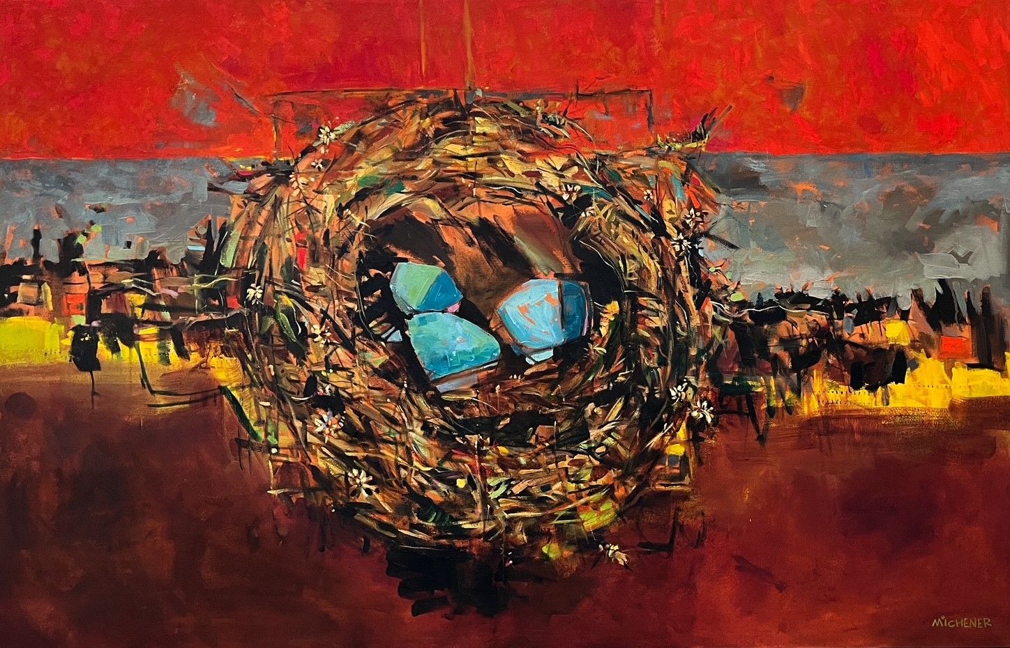 Ted Michener Artist Painter Handworks Gallery Saint John New Brunswick NB Oil Painting Birds Robins Blue Eggs Nest Abstract