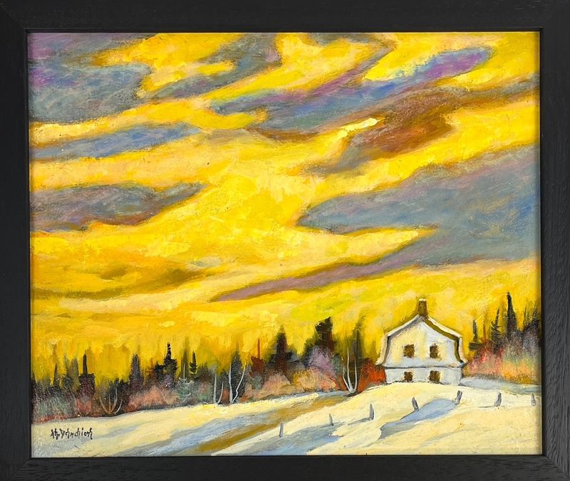 Jean-Guy Desrosiers Artist Painter Handworks Gallery Saint John NB Framed Oil Painting Quebec Landscape Winter Farm House Sky