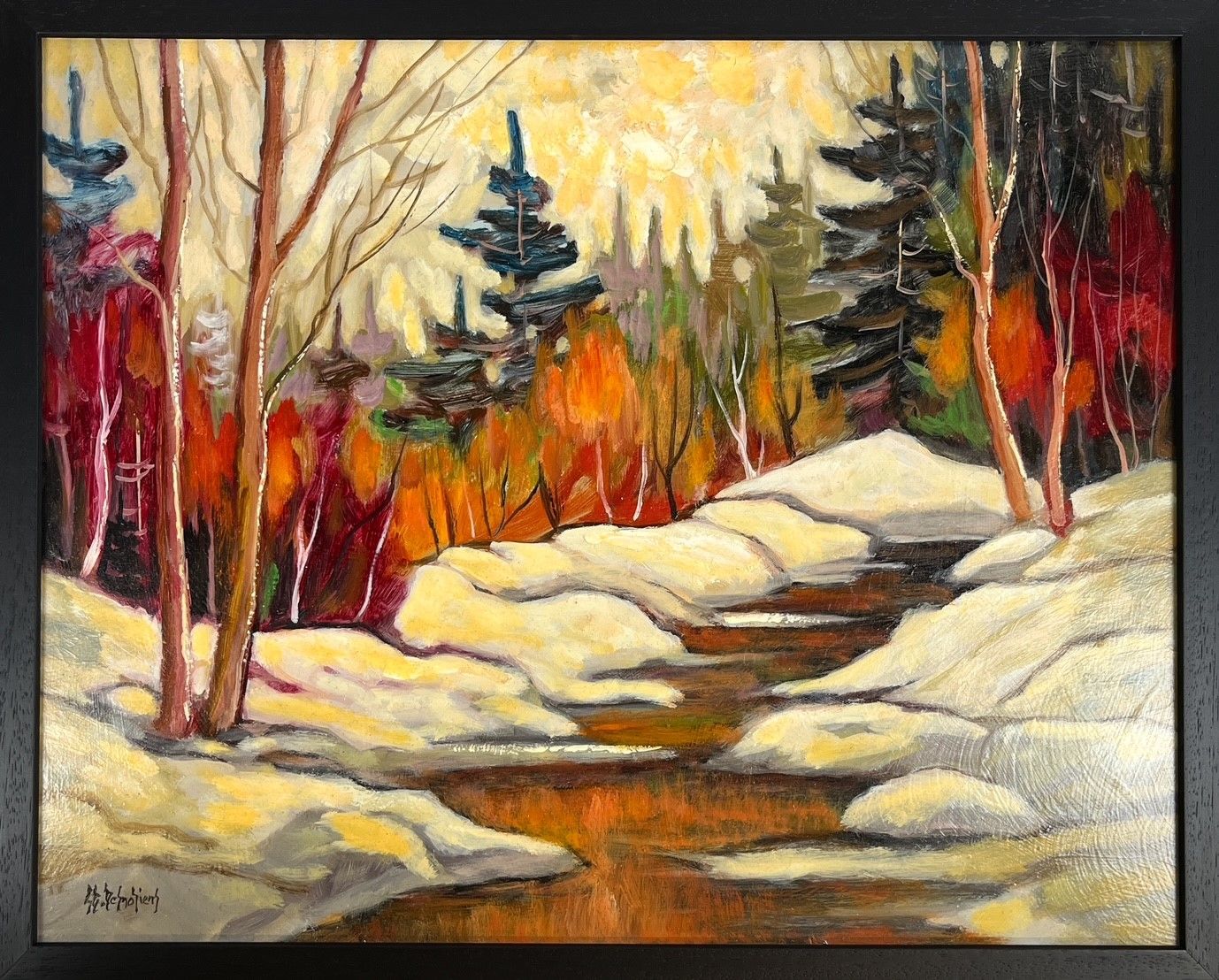 Jean-Guy Desrosiers Artist Painter Handworks Gallery Saint John NB Framed Oil Painting Quebec Stream River Winter Snow Woods