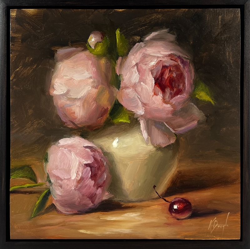 Karen Daigle Artist Painter Handworks Gallery Saint John NB Framed Oil Painting Pink Peonies White Vase Flowers Floral 